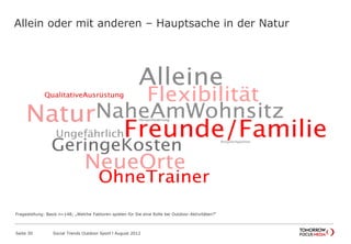 Allein oder mit anderen – Hauptsache in der Natur
Seite 30 Social Trends Outdoor Sport l August 2012
Fragestellung: Basis n=148; „Welche Faktoren spielen für Sie eine Rolle bei Outdoor-Aktivitäten?“
 