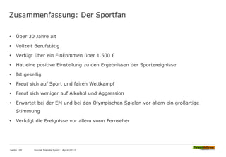 Zusammenfassung: Der Sportfan
• Über 30 Jahre alt
• Vollzeit Berufstätig
• Verfügt über ein Einkommen über 1.500 €
• Hat eine positive Einstellung zu den Ergebnissen der Sportereignisse
• Ist gesellig
• Freut sich auf Sport und fairen Wettkampf
• Freut sich weniger auf Alkohol und Aggression
• Erwartet bei der EM und bei den Olympischen Spielen vor allem ein großartige
Stimmung
• Verfolgt die Ereignisse vor allem vorm Fernseher
Seite 29 Social Trends Sport l April 2012
 