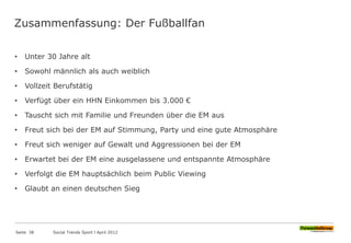 Zusammenfassung: Der Fußballfan
• Unter 30 Jahre alt
• Sowohl männlich als auch weiblich
• Vollzeit Berufstätig
• Verfügt über ein HHN Einkommen bis 3.000 €
• Tauscht sich mit Familie und Freunden über die EM aus
• Freut sich bei der EM auf Stimmung, Party und eine gute Atmosphäre
• Freut sich weniger auf Gewalt und Aggressionen bei der EM
• Erwartet bei der EM eine ausgelassene und entspannte Atmosphäre
• Verfolgt die EM hauptsächlich beim Public Viewing
• Glaubt an einen deutschen Sieg
Seite 38 Social Trends Sport l April 2012
 