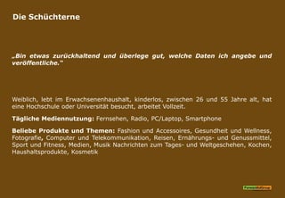 Die Schüchterne
„Bin etwas zurückhaltend und überlege gut, welche Daten ich angebe und
veröffentliche.“
Weiblich, lebt im Erwachsenenhaushalt, kinderlos, zwischen 26 und 55 Jahre alt, hat
eine Hochschule oder Universität besucht, arbeitet Vollzeit.
Tägliche Mediennutzung: Fernsehen, Radio, PC/Laptop, Smartphone
Beliebe Produkte und Themen: Fashion und Accessoires, Gesundheit und Wellness,
Fotografie, Computer und Telekommunikation, Reisen, Ernährungs- und Genussmittel,
Sport und Fitness, Medien, Musik Nachrichten zum Tages- und Weltgeschehen, Kochen,
Haushaltsprodukte, Kosmetik
 