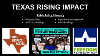 Public Policy Advocacy
? Advocacy Days
? In-District Briefings
? Rapid Response Network
? Policy Briefings
TEXAS RISING IMPACT
 