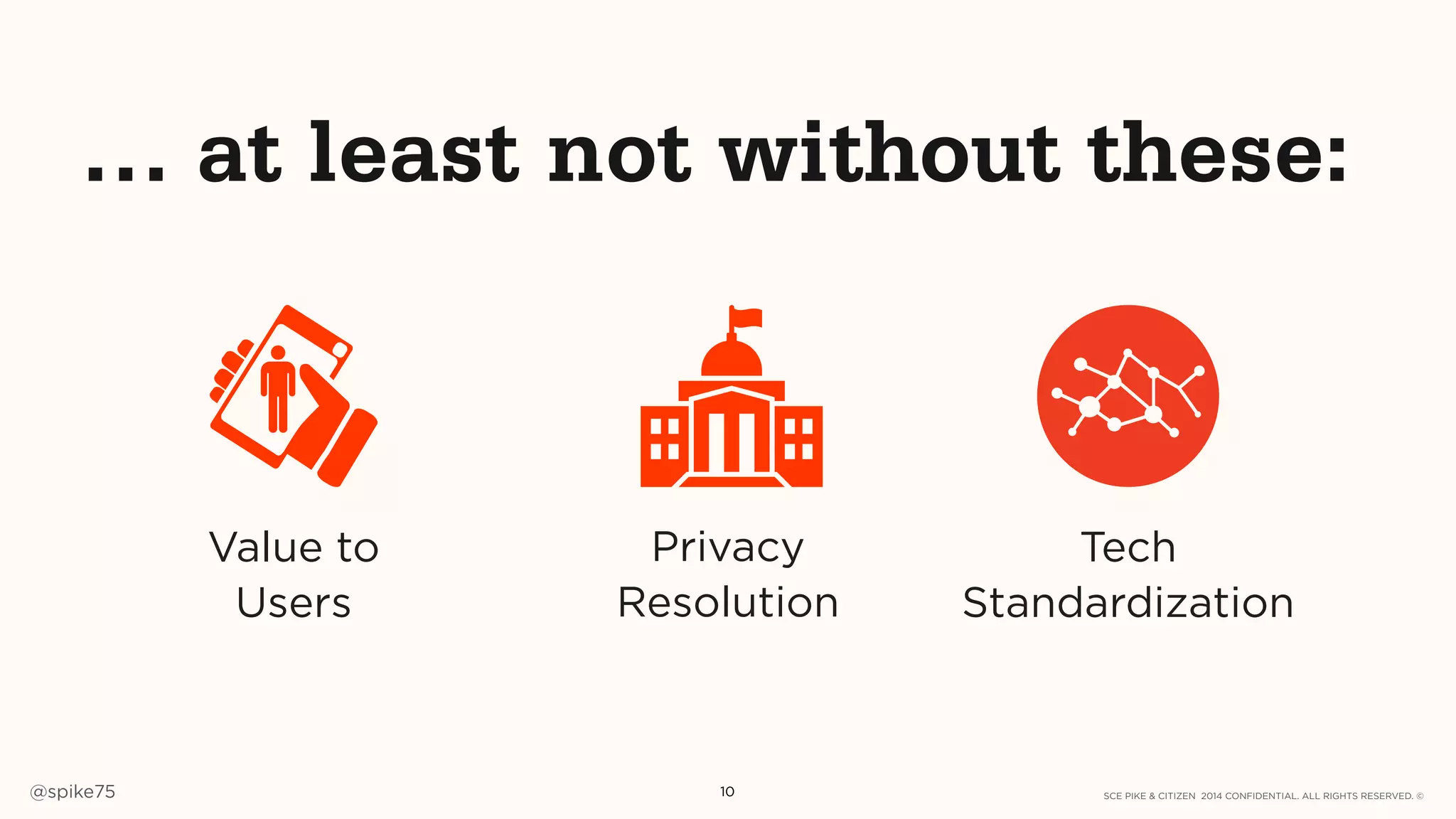 SCE PIKE & CITIZEN 2014 CONFIDENTIAL. ALL RIGHTS RESERVED. ©@spike75 10
… at least not without these:
Tech
Standardization
Privacy
Resolution
Value to
Users
 