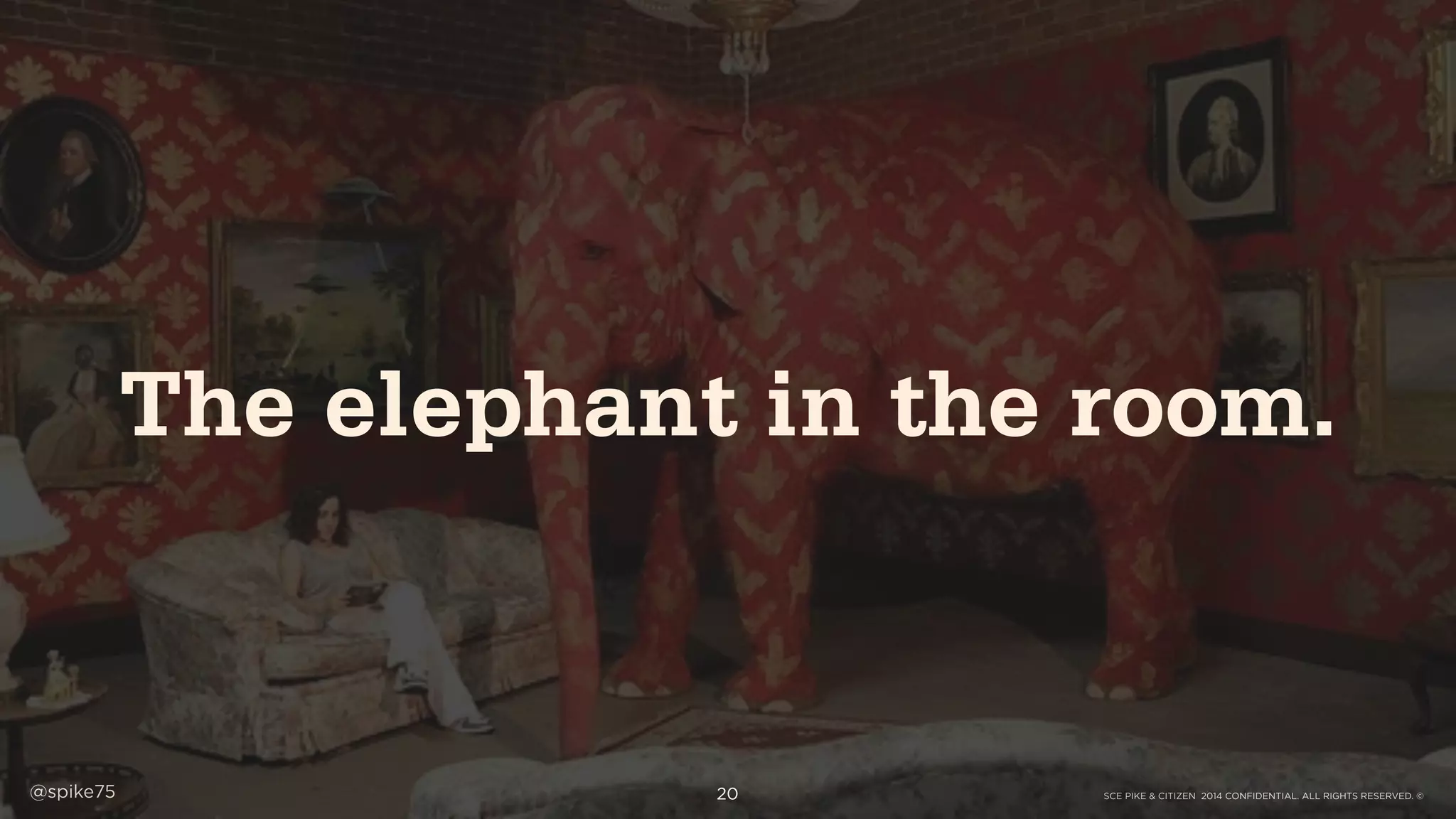 SCE PIKE & CITIZEN 2014 CONFIDENTIAL. ALL RIGHTS RESERVED. ©@spike75 20
The elephant in the room.
 