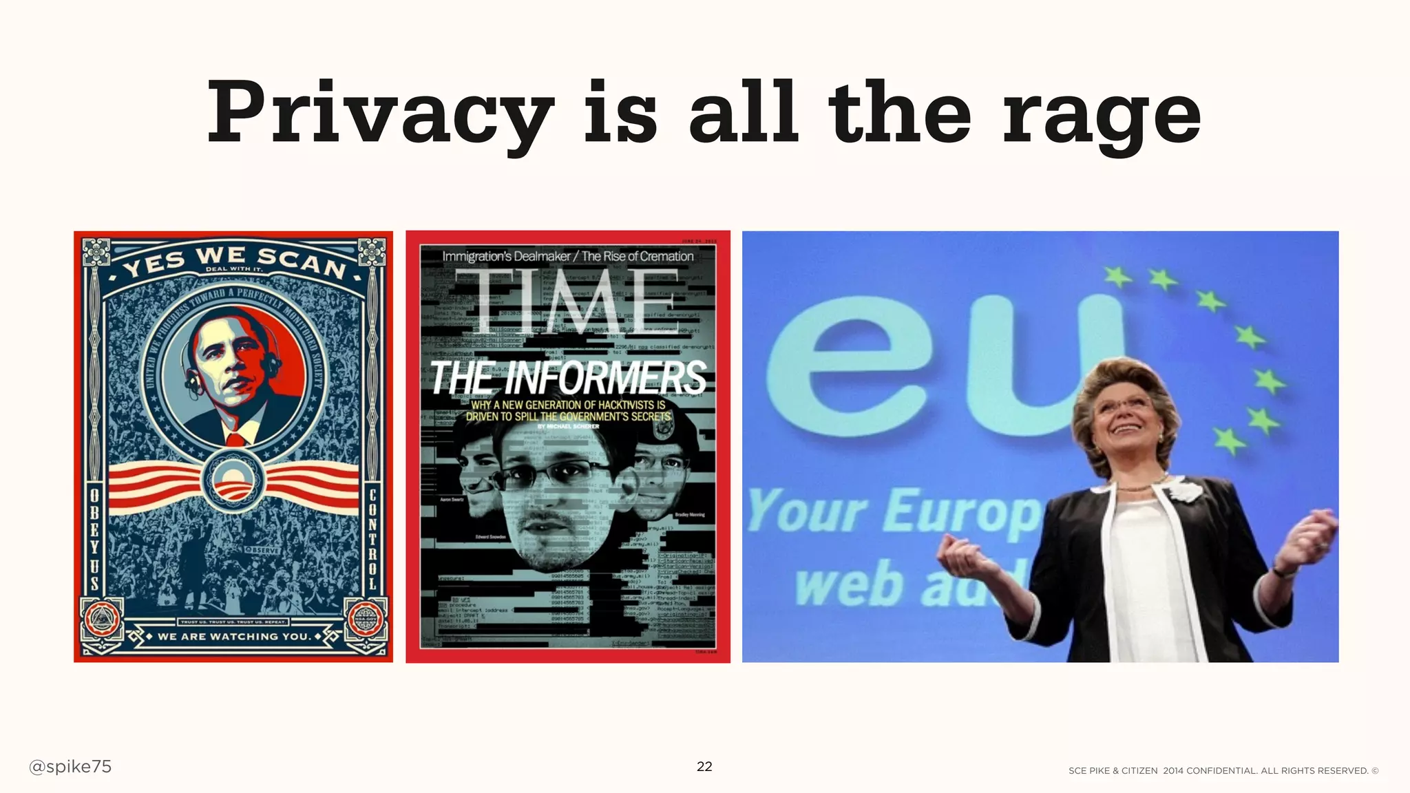 SCE PIKE & CITIZEN 2014 CONFIDENTIAL. ALL RIGHTS RESERVED. ©@spike75 22
Privacy is all the rage
 