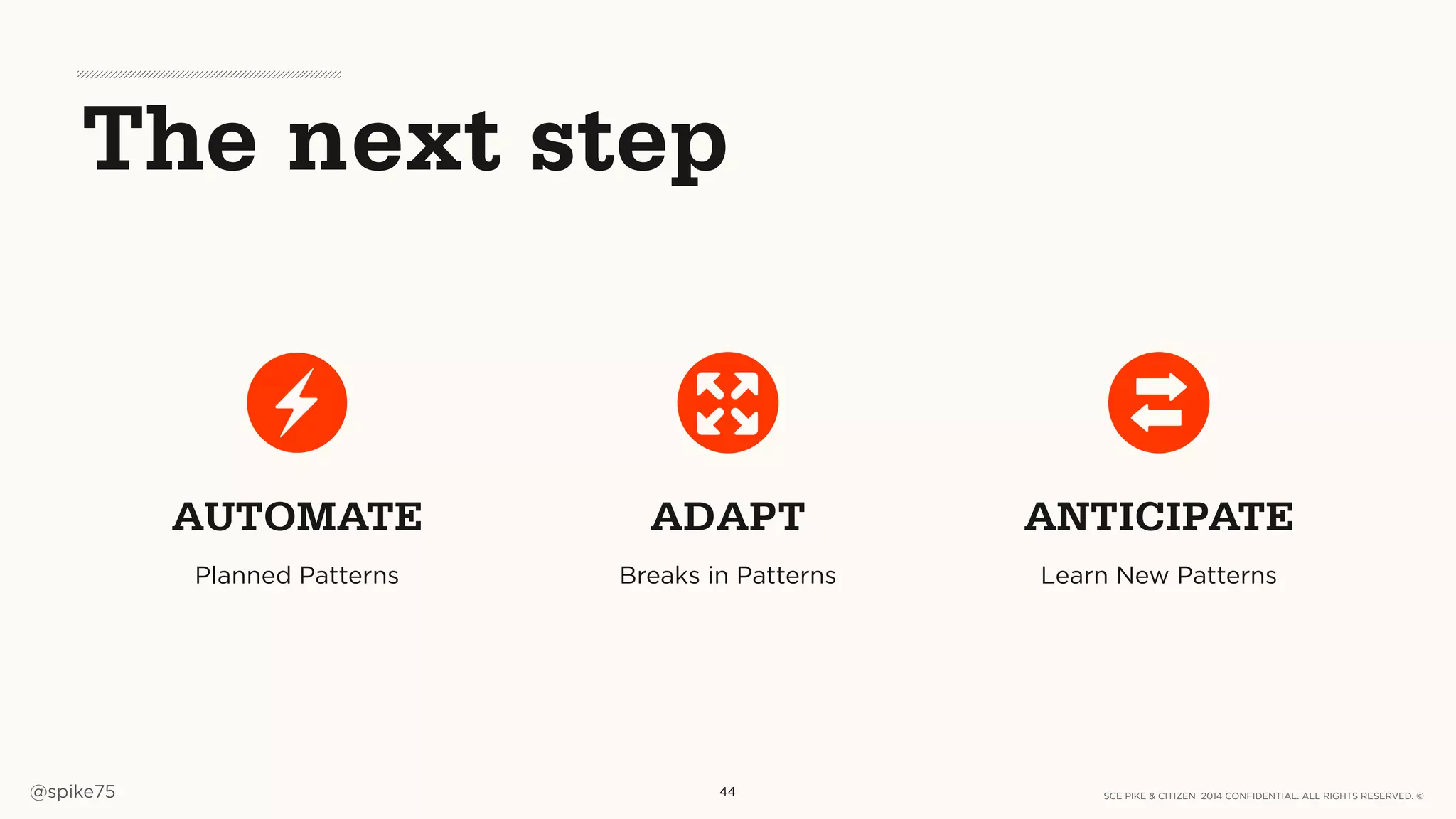SCE PIKE & CITIZEN 2014 CONFIDENTIAL. ALL RIGHTS RESERVED. ©@spike75
The next step
44
AUTOMATE
Planned Patterns
ADAPT
Breaks in Patterns
ANTICIPATE
Learn New Patterns
 