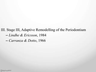 III. Stage III, Adaptive Remodelling of the Periodontium
– Lindhe & Ericsson, 1984
– Carranza & Dotto, 1966
 