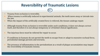 Reversibility of Traumatic Lesions
60
 Trauma from occlusion is reversible.
 When trauma is artificially induced in experimental animals, the teeth move away or intrude into
the jaw.
 When the impact of the artificially created force is relieved, the tissues undergo repair.
 Although trauma from occlusion is reversible under such conditions, it does not always correct
itself, and therefore it is not always temporary or of limited clinical significance.
 The injurious force must be relieved for repair to occur.
 If conditions in humans do not permit the teeth to escape from or adapt to excessive occlusal force,
periodontal damage persists and worsens.
 The presence of inflammation in the periodontium as a result of plaque accumulation may impair
the reversibility of traumatic lesions.
 