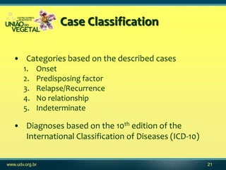 Case Classification

   • Categories based on the described cases
       1.    Onset
       2.    Predisposing factor
    ...