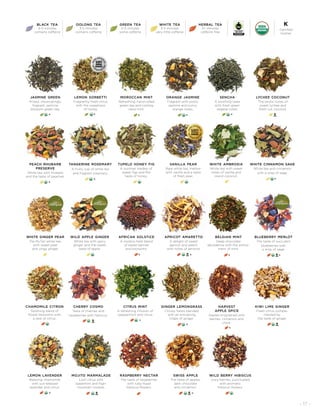 - 17 -
orange jasmine
Fragrant with exotic
jasmine and sunny
orange notes.
raspberry nectar
The taste of raspberries
with ruby-hued
hibiscus flowers.
mojito marmalade
Lush citrus with
spearmint and high-
mountain rooibos.
sencha
A soothing taste
with fresh green
vegetal notes.
swiss apple
The taste of apples,
dark chocolate
and cinnamon.
african solstice
A rooibos herb blend
of sweet berries
and blossoms.
apricot amaretto
A delight of sweet
apricot and peach
with notes of almond.
belgian mint
Deep chocolate
decadence with the entice-
ment of mint.
citrus mint
A refreshing infusion of
peppermint and citrus.
blueberry merlot
The taste of succulent
blueberries with
a wisp of sage.
kiwi lime ginger
Fresh citrus comple-
mented by
the taste of ginger.
harvest
apple spice
Apples brightened with
berries, cinnamon and
clove.
ginger lemongrass
Citrusy herbs blended
with an enlivening
tingle of ginger.
K
K
chamomile citron
Soothing blend of
flower blossoms with
a zest of citrus.
wild berry hibiscus
Juicy berries, punctuated
with aromatic
hibiscus flowers.
tupelo honey fig
A summer medley of
sweet figs and the
taste of honey.
vanilla pear
Rare white tea, mellow
with vanilla and a taste
of fresh pear.
tangerine rosemary
A fruity cup of white tea
and fragrant rosemary.
Certified
Kosher
Kblack tea
3-5 minutes
contains caffeine
green tea
2-3 minutes
some caffeine
white tea
3-5 minutes
very little caffeine
herbal tea
5+ minutes
caffeine free
oolong tea
3-5 minutes
contains caffeine
lychee coconut
The exotic notes of
sweet lychee and
fresh cut coconut.
wild apple ginger
White tea with spicy
ginger and the sweet
taste of apple.
cherry cosmo
Taste of cherries and
raspberries with hibiscus.
white cinnamon sage
White tea and cinnamon
with a wisp of sage.
white ambrosia
White tea with sweet
notes of vanilla and
island coconut.
white ginger pear
Pai MuTan white tea
with sweet pear
and zingy ginger.
moroccan mint
Refreshing, hand-rolled
green tea and cooling
nana mint.
lemon sorbetti
Fragrantly fresh citrus
with the sweetness
of honey.
NATIO
NAL ASSOCIATIO
N
FOR
THES
PECIALTY FOOD
TRADE
AWARD
SOFI
WINNER
KKK
K
K K K K
peach rhubarb
preserve
White tea with rhubarb
and the taste of peaches.
K
K K
lemon lavender
Relaxing chamomile
with sun-blessed
lavender and citrus.
K K
K
jasmine green
Prized, intoxicatingly
fragrant, jasmine
blossom green tea.
K
 