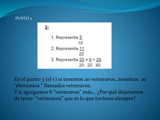PUNTO 2
En el punto 3 (el c) si tenemos 20 veinteavos…tenemos 20
“elementos “ llamados veinteavos.
Y si agregamos 6 “veinteavos” más… ¿Por qué dejaríamos
de tener “veinteavos” que es lo que tuvimos siempre?
 