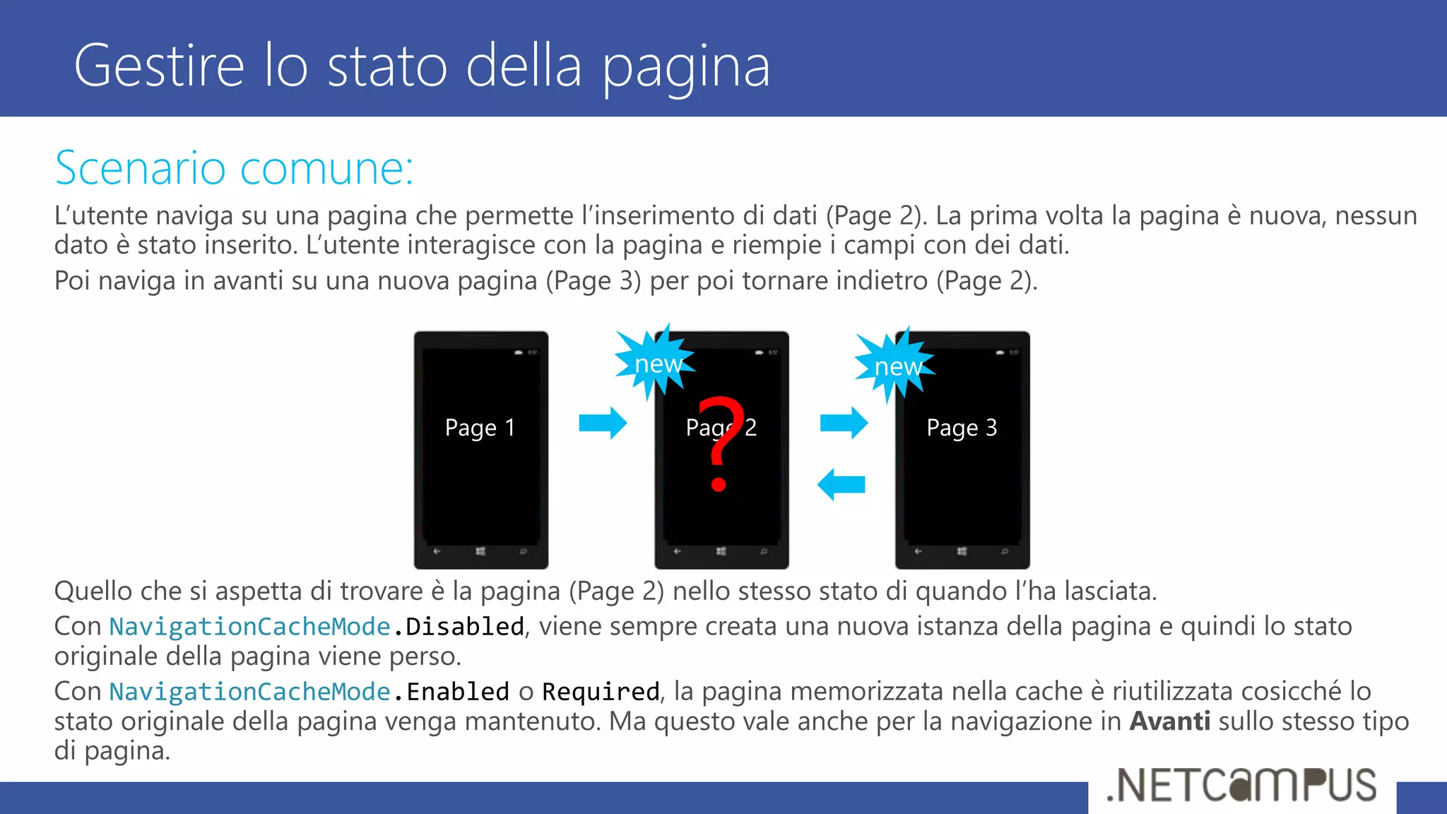Gestire lo stato della pagina
NavigationCacheMode.Disabled
NavigationCacheMode.Enabled Required
Page 1 Page 2 Page 3
new new
?
 