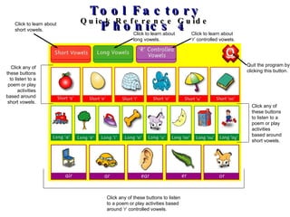 Tool Factory Phonics 4 Quick Reference Guide Click to learn about long vowels. Click to learn about ‘r’ controlled vowels. Click to learn about short vowels. Click any of these buttons to listen to a poem or play activities based around short vowels. Click any of these buttons to listen to a poem or play activities based around ‘r’ controlled vowels. Click any of these buttons to listen to a poem or play activities based around short vowels. Quit the program by clicking this button. 