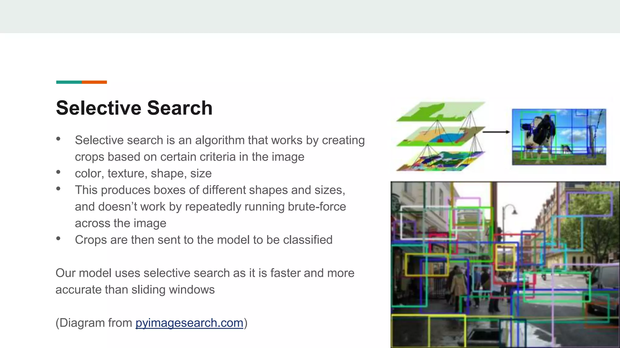 Selective Search
• Selective search is an algorithm that works by creating
crops based on certain criteria in the image
• color, texture, shape, size
• This produces boxes of different shapes and sizes,
and doesn’t work by repeatedly running brute-force
across the image
• Crops are then sent to the model to be classified
Our model uses selective search as it is faster and more
accurate than sliding windows
(Diagram from pyimagesearch.com)
 