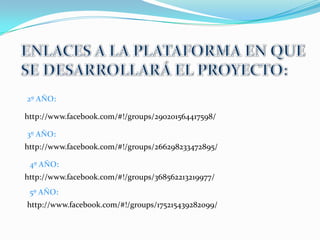 2º AÑO:

http://www.facebook.com/#!/groups/290201564417598/

3º AÑO:
http://www.facebook.com/#!/groups/266298233472895/

 4º AÑO:
http://www.facebook.com/#!/groups/368562213219977/
 5º AÑO:
http://www.facebook.com/#!/groups/175215439282099/
 