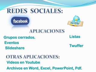 Grupos cerrados.                   Listas
Eventos
                                   Twuffer
 Slideshare


 Videos en Youtube
 Archivos en Word, Excel, PowerPoint, Pdf.
 