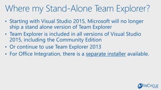Where my Stand-Alone Team Explorer?
• Starting with Visual Studio 2015, Microsoft will no longer
ship a stand alone version of Team Explorer
• Team Explorer is included in all versions of Visual Studio
2015, including the Community Edition
• Or continue to use Team Explorer 2013
• For Office Integration, there is a separate installer available.
 