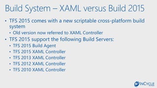 Build System – XAML versus Build 2015
• TFS 2015 comes with a new scriptable cross-platform build
system
• Old version now referred to XAML Controller
• TFS 2015 support the following Build Servers:
• TFS 2015 Build Agent
• TFS 2015 XAML Controller
• TFS 2013 XAML Controller
• TFS 2012 XAML Controller
• TFS 2010 XAML Controller
 