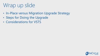 Wrap up slide
• In-Place versus Migration Upgrade Strategy
• Steps for Doing the Upgrade
• Considerations for VSTS
 