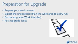 Preparation for Upgrade
• Prepare your environment
• Expect the unexpected (Plan the work and do a dry run)
• Do the upgrade (Work the plan)
• Post Upgrade Tasks
 