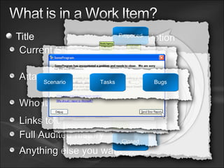 Title  Description  Current State Who it is assigned to Attachments  Links to other Work Items  Full Audited history Anything else you want … Closed Active Resolved Closed Active Resolved Proposed Scenario Tasks Bugs 