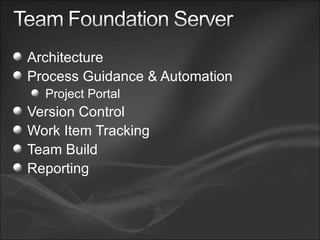 Architecture Process Guidance & Automation Project Portal Version Control Work Item Tracking Team Build Reporting 