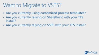 Want to Migrate to VSTS?
• Are you currently using customized process templates?
• Are you currently relying on SharePoint with your TFS
install?
• Are you currently relying on SSRS with your TFS install?
 