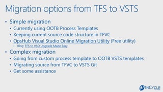 Migration options from TFS to VSTS
• Simple migration
• Currently using OOTB Process Templates
• Keeping current source code structure in TFVC
• OpsHub Visual Studio Online Migration Utility (Free utility)
• Blog: TFS to VSO Upgrade Made Easy
• Complex migration
• Going from custom process template to OOTB VSTS templates
• Migrating source from TFVC to VSTS Git
• Get some assistance
 