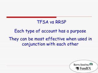 Barry Dowling   TFSA vs RRSP Each type of account has a purpose They can be most effective when used in conjunction with each other 