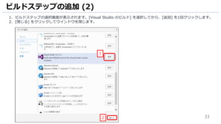 33
1. ビルドステップの選択画面が表示されます。[Visual Studio のビルド] を選択してから、[追加] を1回クリックします。
2. [閉じる] をクリックしてウインドウを閉じます。
ビルドステップの追加 (2)
1
2
 
