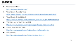 58
参考資料
 Visual Studioサイト
http://www.visualstudio.com/
 Visual Studio Team Services
https://www.visualstudio.com/products/visual-studio-team-services-vs
 Visual Studio Onlineはじめに
http://www.visualstudio.com/get-started/overview-of-get-started-tasks-vs
 アプリケーション ライフサイクル管理
http://www.visualstudio.com/explore/app-lifecycle-management-vs
 チーム コラボレーション管理
http://www.visualstudio.com/explore/team-collaboration-vs
 テスト ツール
http://www.visualstudio.com/explore/testing-tools-vs
 