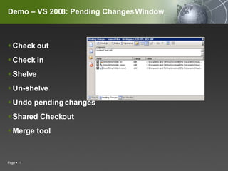 Demo – VS 2008: Pending Changes Window Check out Check in Shelve Un-shelve Undo pending changes Shared Checkout Merge tool Page     