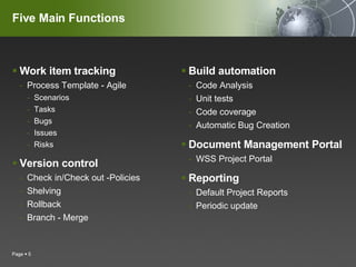 Five Main Functions Work item tracking Process Template - Agile Scenarios Tasks Bugs Issues Risks Version control  Check in/Check out -Policies Shelving Rollback Branch - Merge Build automation Code Analysis Unit tests Code coverage Automatic Bug Creation Document Management Portal WSS Project Portal Reporting Default Project Reports Periodic update Page     