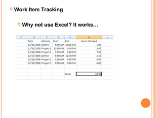  Work Item Tracking
 Why not use Excel? It works…
 