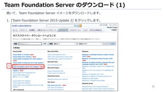 11
続いて、Team Foundation Server イメージをダウンロードします。
1. [Team Foundation Server 2015 Update 2] をクリックします。
Team Foundation Server のダウンロード (1)
1
 