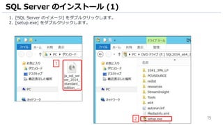 15
1. [SQL Server のイメージ] をダブルクリックします。
2. [setup.exe] をダブルクリックします。
SQL Server のインストール (1)
1
2
 