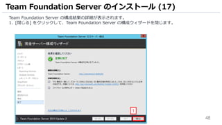 48
Team Foundation Server の構成結果の詳細が表示されます。
1. [閉じる] をクリックして、Team Foundation Server の構成ウィザードを閉じます。
Team Foundation Server のインストール (17)
1
 