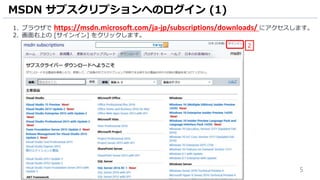 5
1. ブラウザで https://msdn.microsoft.com/ja-jp/subscriptions/downloads/ にアクセスします。
2. 画面右上の [サインイン] をクリックします。
MSDN サブスクリプションへのログイン (1)
2
 