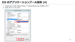 53
1. (General) にある [Start Mode] で [AlwaysRunning] を選択します。
2. [OK] をクリックします。
IIS のアプリケーションプール設定 (4)
1
2
 