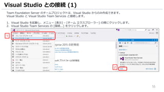 55
Team Foundation Server のチームプロジェクトは、Visual Studio からのみ作成できます。
Visual Studio と Visual Studio Team Services と接続します。
1. Visual Studio を起動し、メニュー [表示] – [チーム エクスプローラー] の順にクリックします。
2. Visual Studio Team Services の [接続...] をクリックします。
Visual Studio との接続 (1)
2
1
 