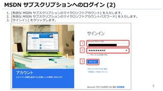 6
1. [有効な MSDN サブスクリプションのマイクロソフトアカウント] を入力します。
2. [有効な MSDN サブスクリプションのマイクロソフトアカウントパスワード] を入力します。
3. [サインイン] をクリックします。
MSDN サブスクリプションへのログイン (2)
2
1
3
 