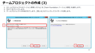 61
1. [チームプロジェクトのバージョン管理システム] を [Team Foundation バージョン管理] を選択します。
2. [完了] をクリックします。
3. チームプロジェクトの作成が完了します。[閉じる] をクリックしてウイザードを閉じます。
チームプロジェクトの作成 (3)
2
1
3
 