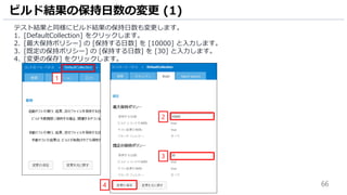 66
テスト結果と同様にビルド結果の保持日数も変更します。
1. [DefaultCollection] をクリックします。
2. [最大保持ポリシー] の [保持する日数] を [10000] と入力します。
3. [既定の保持ポリシー] の [保持する日数] を [30] と入力します。
4. [変更の保存] をクリックします。
ビルド結果の保持日数の変更 (1)
1
4
2
3
 