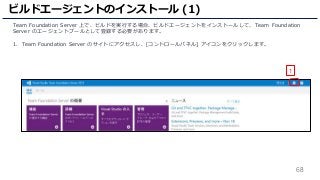 68
Team Foundation Server 上で、ビルドを実行する場合、ビルドエージェントをインストールして、Team Foundation
Server のエージェントプールとして登録する必要があります。
1. Team Foundation Server のサイトにアクセスし、[コントロールパネル] アイコンをクリックします。
ビルドエージェントのインストール (1)
1
 