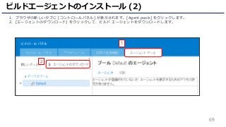 69
1. ブラウザの新しいタブに [コントロールパネル] が表示されます。[Agent pools] をクリックします。
2. [エージェントのダウンロード] をクリックして、ビルド エージェントをダウンロードします。
ビルドエージェントのインストール (2)
2
1
 