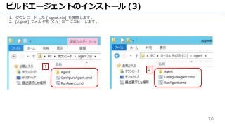 70
1. ダウンロードした [agent.zip] を展開します。
2. [Agent] フォルダを [C:] 以下にコピーします。
ビルドエージェントのインストール (3)
2
1
 