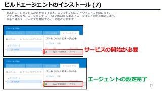 74
ビルドエージェントの設定が完了すると、コマンドプロンプトウインドウが閉じます。
ブラウザに戻り、エージェント プール[Default] にビルドエージェントの色を確認します。
赤色の場合は、サービスを開始すると、緑色になります。
ビルドエージェントのインストール (7)
サービスの開始が必要
エージェントの設定完了
 