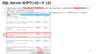 9
1. [SQL Server 2014 Standard Edition with Service Pack 1 (x64) DVD (Japanese)] の
[ダウンロード]をクリックします。
2. ポップアップウインドウの [保存] をクリックして、SQL Server のイメージをダウンロードします。
SQL Server のダウンロード (2)
1
2
 