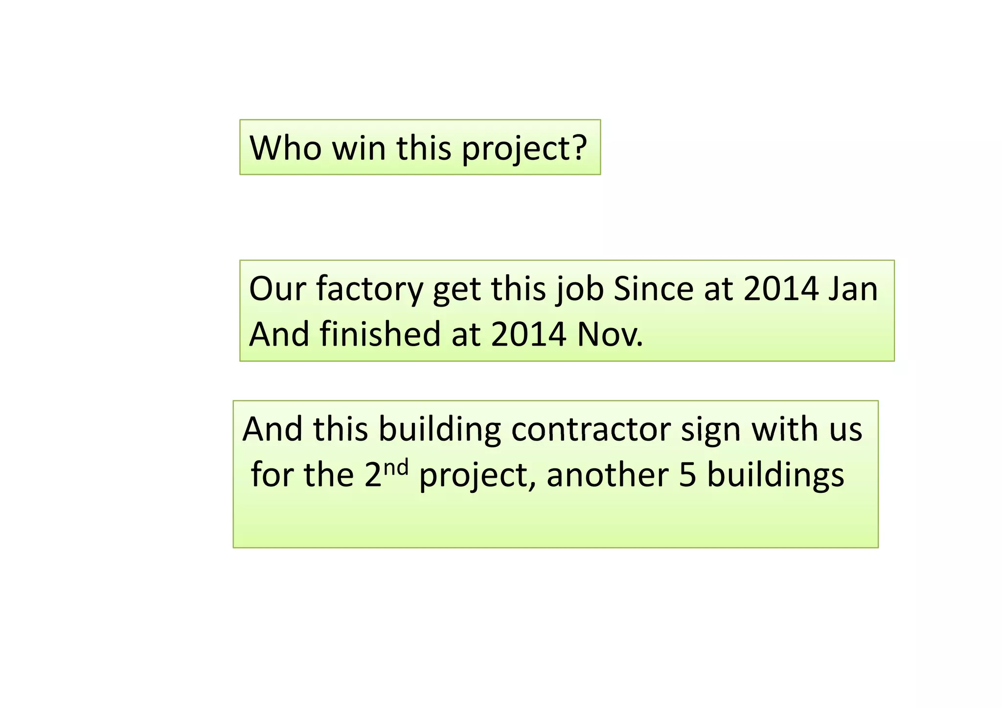 Who win this project?
Our factory get this job Since at 2014 Jan
And finished at 2014 Nov.
And this building contractor sign with usAnd this building contractor sign with us
for the 2nd project, another 5 buildings