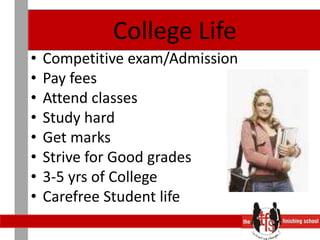 College LifeCompetitive exam/AdmissionPay feesAttend classesStudy hardGet marksStrive for Good grades3-5 yrs of CollegeCarefree Student life