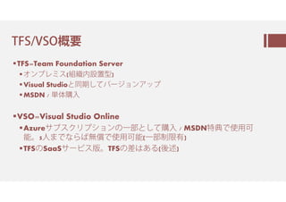 VS OnlineとTFS 2015
Team Foundation Server Visual Studio Online
■ ■
■ ■
■ ■
■ ■
■
■
■ □(WinRMによるコントロール)
■ ■
■
 